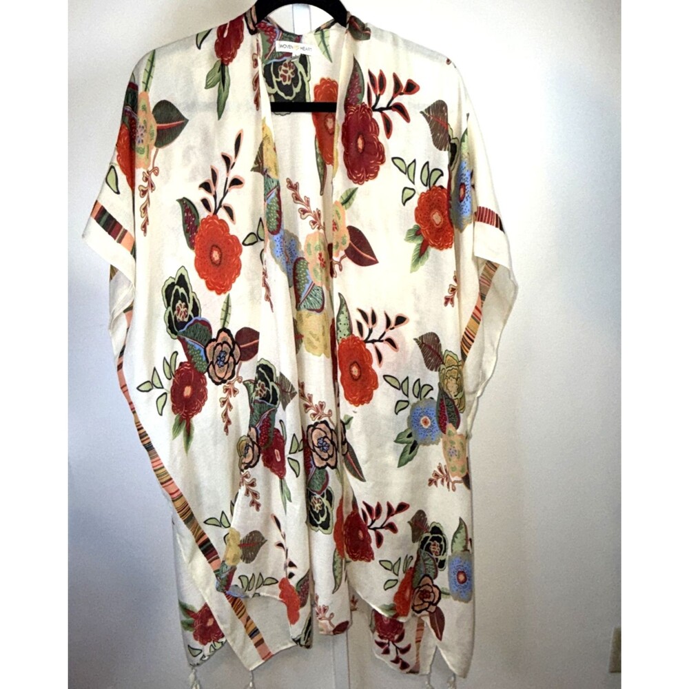 Woven Heart Floral Duster Kimono Womens L Tassels Lightweight Boho Festival